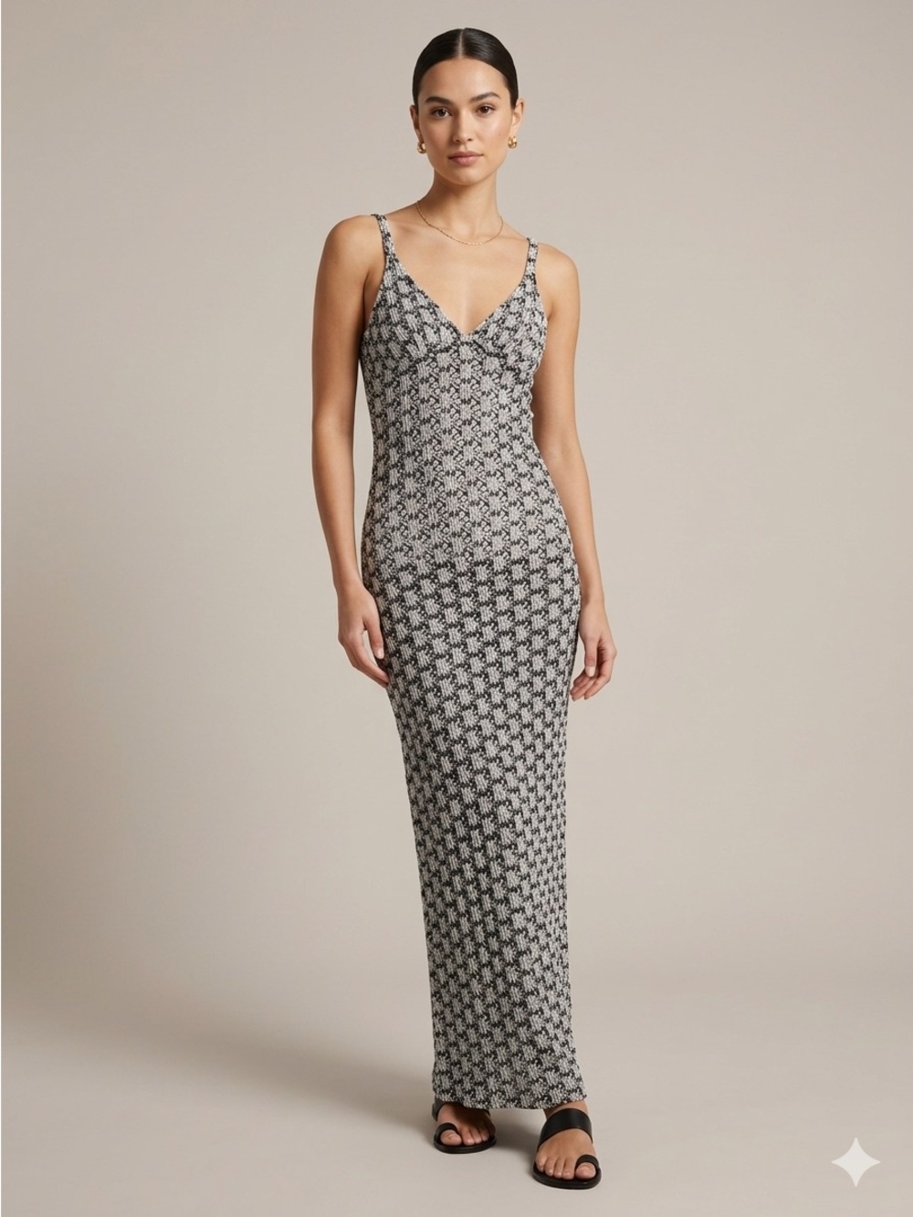 Vintage Black & White Sleeveless Crochet Knit Maxi Dress - Small